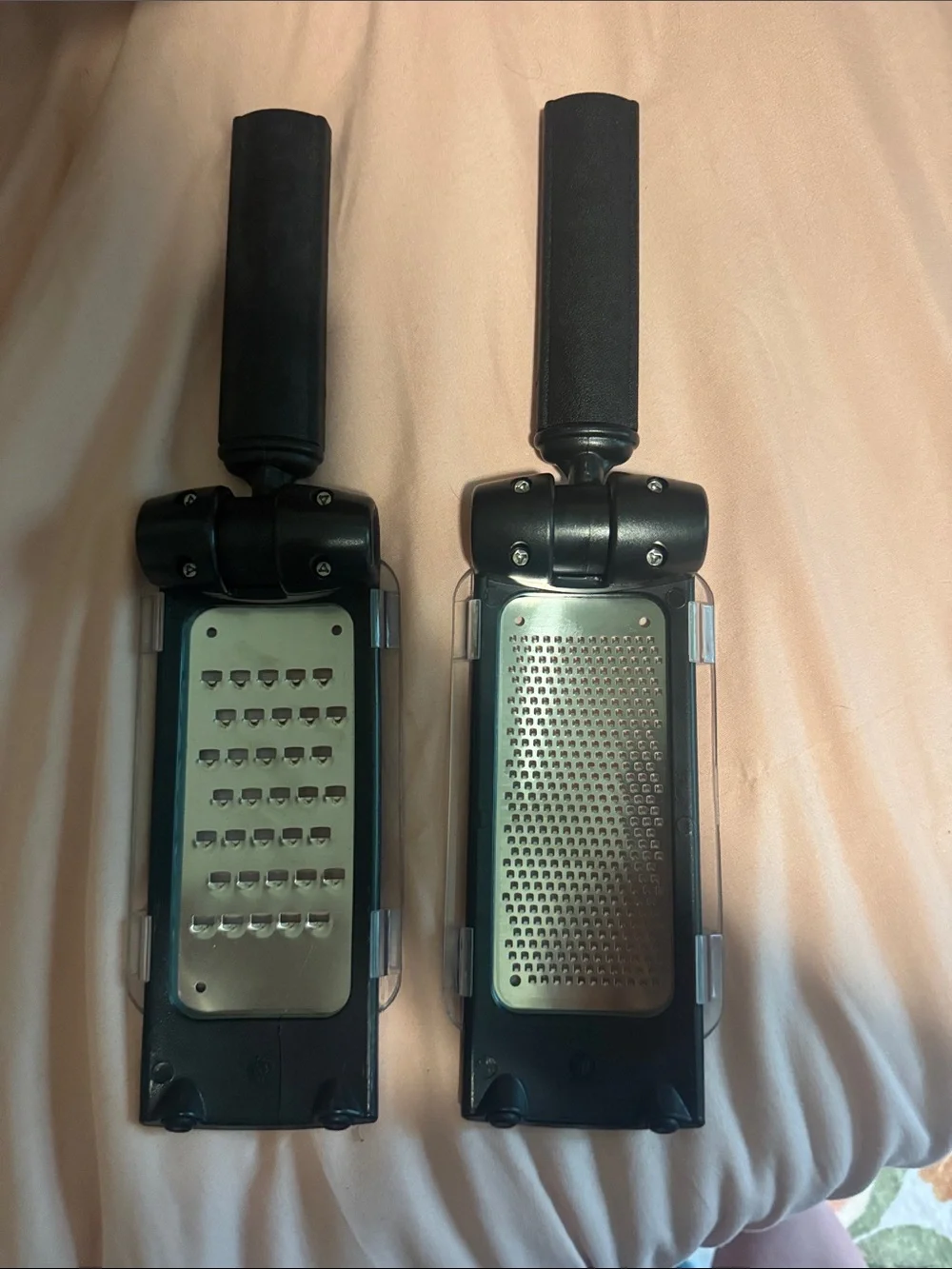 2 Pampered Chef Handheld Grater with Protective Covers - Black & Silver